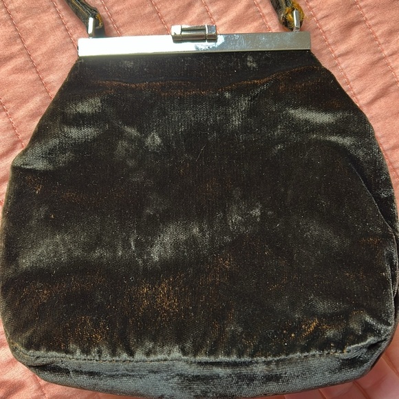 Vintage Furla Black/Dark Green Velvet w/Orange undertone made in Italy Hand Bag. - Picture 3 of 16